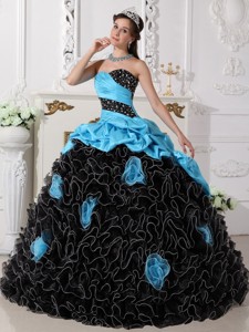 Blue and Black Ball Gown Sweetheart Floor-length Organza Beading and Rolling Flowers Quinceanera Dre