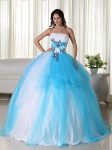 Aqua Ball Gown Strapless Floor-length Tulle Beading Quinceanera Dress