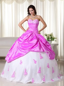 Hot Pink And White Ball Gown Sweetheart Floor-length Taffeta Appliques Quinceanera Dress