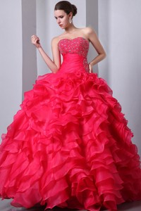 Coral Red Princess Sweetheart Floor-length Organza Beading And Ruffles Quinceanea Dress