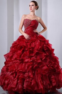 Wine Red Princess Sweetheart Floor-length Organza Beading And Ruffles Quinceanea Dress