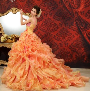 One Shoulder Multi-Color Ball Gown Hand Made Flowers Organza Modern Wedding Dress