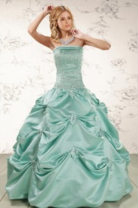 Cheap Turquoise Quinceanera Dress With Appliques And Pick Ups