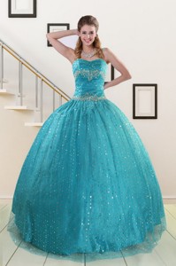 Perfect Spaghetti Straps Appliques Sequins Turquoise Quinceanera Dress