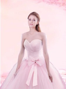 Classical Bowknot and Ruched Baby Pink Prom Gown with Brush Train