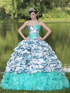 Colorful Printing and Organza Beaded Decorate Waist Pick-ups and Ruffles Brush Train Lovely Style Fo