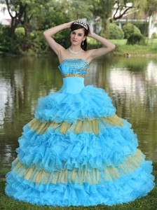 Beaded Decorate Bust Sequins Organza Multi-color Strapless Tiered Sweet Quinceanera Dress