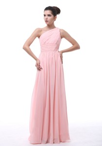 Ruched And Beading Decorate Bodice Light Pink Chiffon One Shoulder Floor-length Bridesmaid Dres