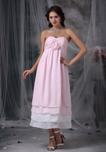 Pink Empire Sweetheart Tea-length Chiffon Hand Made Flower Bridesmaid Dress