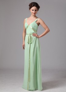 Apple Green Sash V-neck Straps Chiffon Bridesmaid Dress For Custom Made In Bainbridge Georgia