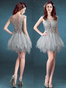 Gorgeous Scoop Appliques and Ruffles Bridesmaid Dress in Grey