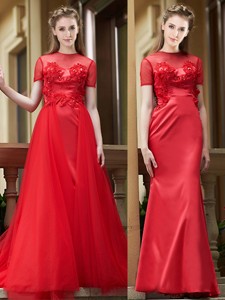 Beautiful See Through Short Sleeves Bridesmaid Dress with Removable Train