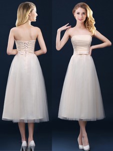 Low Price Strapless Belt Champagne Long Bridesmaid Dress in Tulle