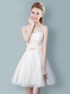 Modest Tulle Sweetheart Champagne Bridesmaid Dress With Bowknot