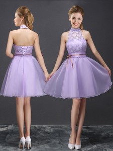 New See Through Halter Top Belted and Laced Lavender Bridesmaid Dress