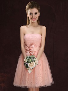 Romantic Strapless Bowknot Pink Dama Dress in Lace and Tulle