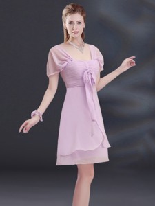 A Line Square Ruhing Bridesmaid Dress with Cap Sleeves