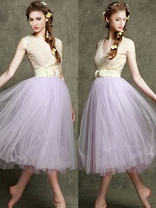 New Style Lavender V Neck Bridesmaid Dress with Bowknot and Belt
