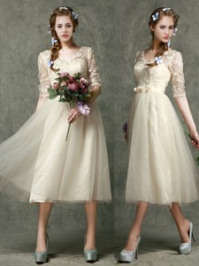 Romantic V Neck Half Sleeves Bridesmaid Dress with Lace and Belt