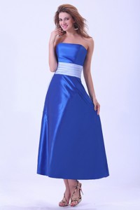 Royal Blue Bridemaid Dress With Sash Tea-length Taffeta