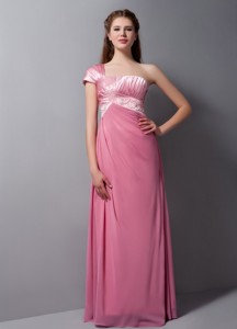 Pink Column One Shoulder Floor-length Taffeta And Chiffon Beading Bridesmaid Dress