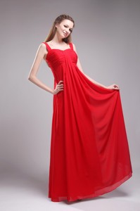 Red Empire Straps Floor-length Chiffon Ruch Bridesmaid Dress