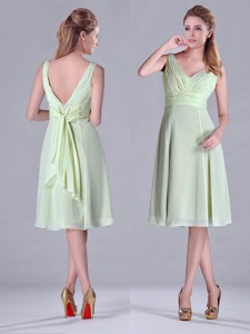 Lovely Tea Length Ruched And Belted Bridesmaid Dress In Yellow Green