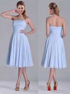 Pretty Strapless Chiffon Ruched Lavender Bridesmaid Dress In Tea Length