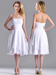 Cheap Strapless Chiffon White Bridesmaid Dress With Ruched Decorated Bust