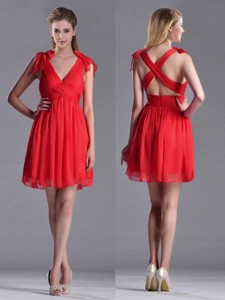 Exclusive V Neck Criss Cross Bridesmaid Dress With Ruching And Bowknot