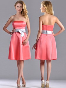 Best Selling Watermelon Knee Length Bridesmaid Dress With Silver Bowknot
