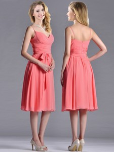Best Spaghetti Straps Watermelon Bridesmaid Dress With Ruching And Bowknot