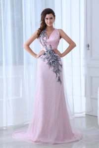 Beautiful Pink Column V-neck Tulle And Taffeta Evening Dress With Appliques