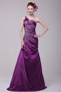 Column One Shoulder Lace Up Floor-length Beading Taffeta Purple Evening Dress