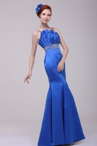 Beautiful Column Blue Straps Floor-length Taffeta Evening Dress With Beading