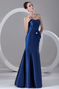 Column Blue Strapless Floor-length Taffeta Ruching Evening Dress