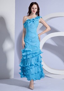 Pleat Decorate Bodcie One Shoulder Aqua Blue Ankle-length Evening Dress