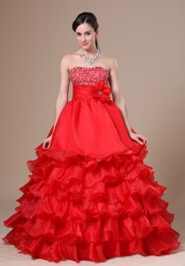 Beaded Decorate Strapless Ruffled Layers Red Floor-length Prom Evening Dress