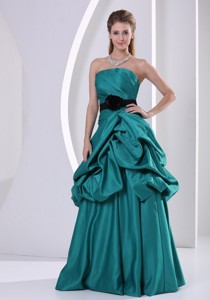 Turquoise Belt And Ruch Evening Gown With Pick-ups