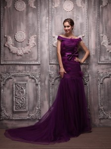 Dark Purple Mermaid Off The Shoulder Brush Train Tulle S Prom / Evening Dress