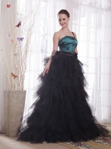 Black And Peacock Green Princess One Shoulder Brush Train Tulle Appliques And Ruch Prom C