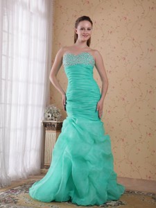 Turquoise Column Sweetheart Brush Train Organza Beading and Ruch Prom / Celebrity Dress