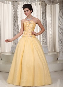 Yellow Strapless Floor-length Tulle And Taffeta Beading And Bow Prom Evening Dress