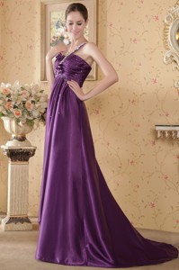 Eggplant Empire One Shoulder Brush Train Elastic Woven Satin Beading and Ruch Prom / Graduation Dres
