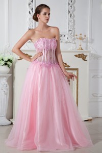 Cheap Strapless Appliques Baby Pink Prom Gown Dress