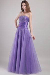 Lilac Empire Strapless Floor-length Tulle Beading Prom / Party Dress