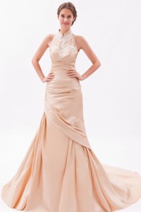 Champagne Mermaid High-neck Court Train Taffeta Embroidery With Beading Evening Dress