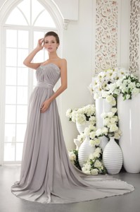 Grey Empire Sweetheart Brush Train Chiffon Beading and Ruch Prom / Evening Dress