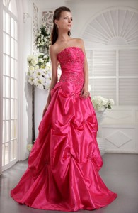 Fuchsia Princess Strapless Floor-length Taffeta Beading Prom Evening Dress