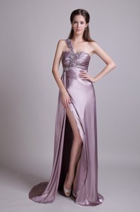 Lavender Empire One Shoulder Brusn Train Elastic Woven Satin Beading Evening Dress